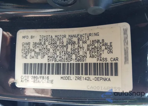 2013 Toyota Corolla Le from USA, damaged, VIN 5YFBU4EE5DP150691